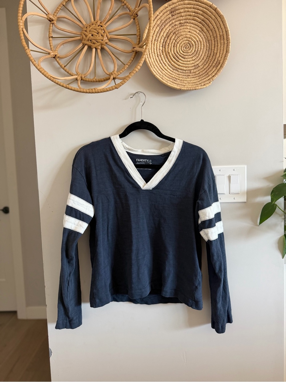 Faherty Navy V-Neck Long Sleeve Top with  Sleeve Stripes 100% Organic Cotton